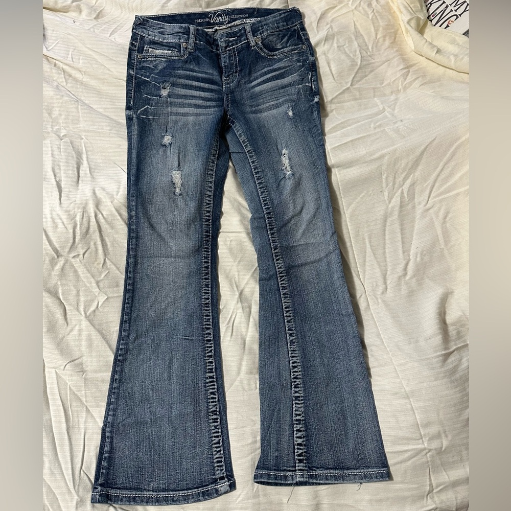 Vanity Blue Flare Jeans with Distressed Details